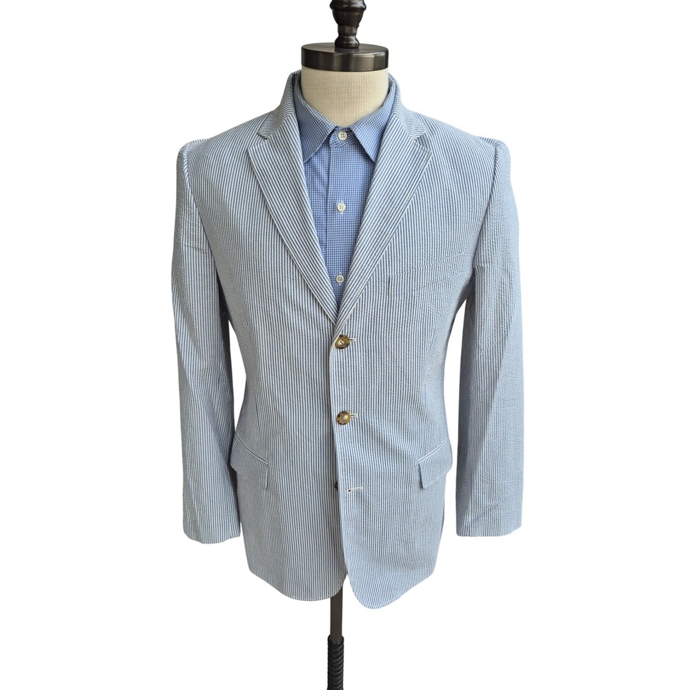 J.Crew Mens Blue White Seersucker 3-Button Blazer Sport Coat Suit Jacket Sz 40 R